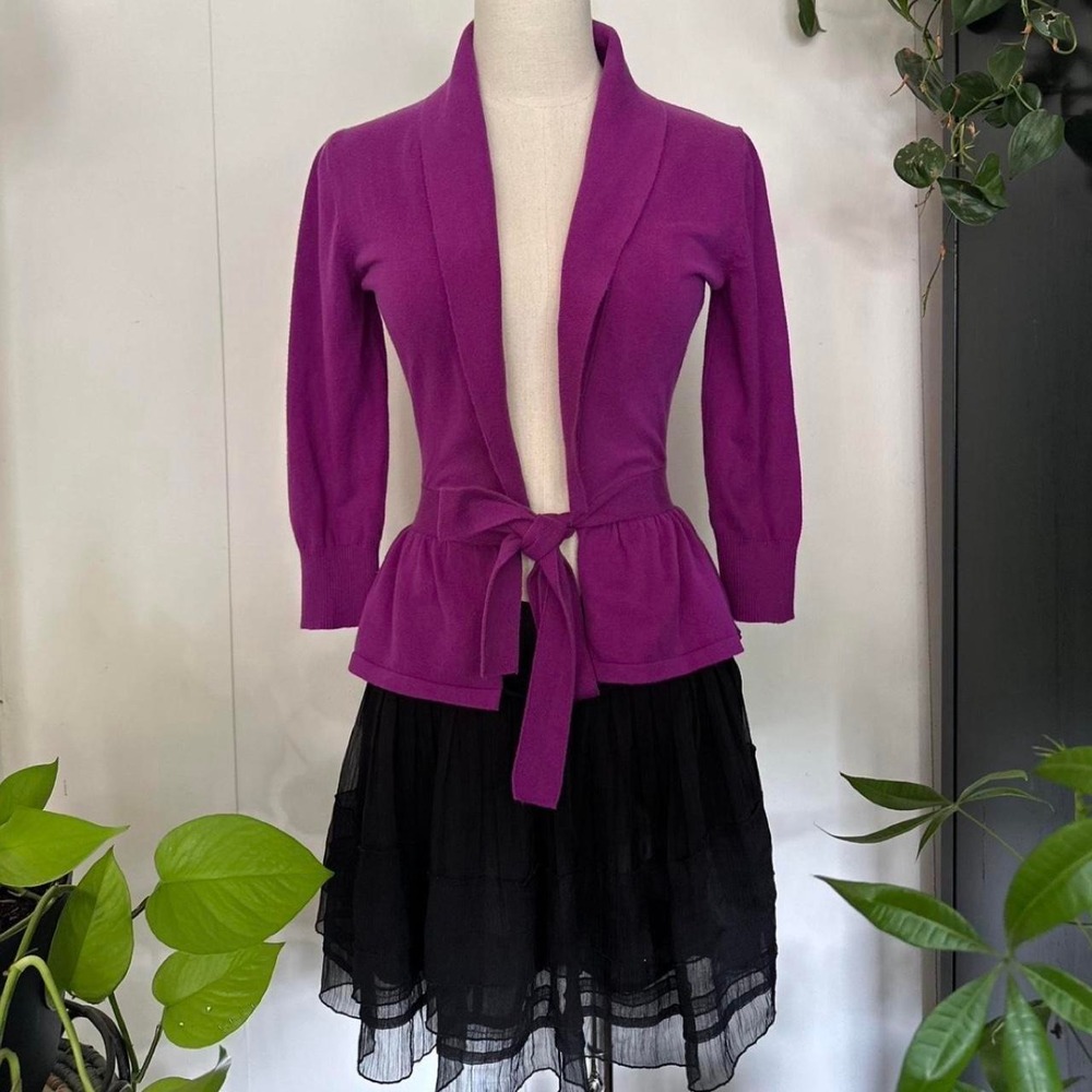 The Limited Purple Tie Front Peplum Cardigan Sweater V-Neck 3/4 Sleeve Small